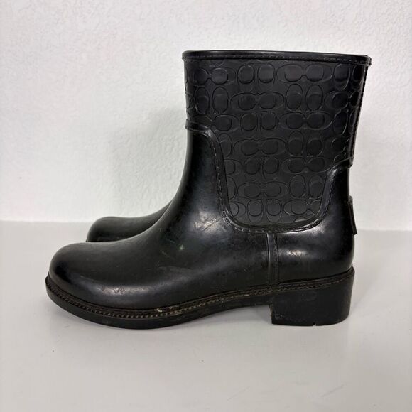 Coach Black Monogram Mid Calf Pull On Rain Boots Women's Size 5 - Picture 1 of 12